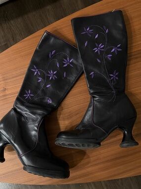 John Fluevog Black Leather Knee Boots with Purple Floral Embroidery